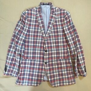 Bar III Blazer Mens 42L Red Blue White Plaid Slim Fit Cotton Linen Carnaby Suit